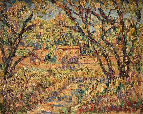 ALFRED GWYNNE MORANG (American 1901-1958) A TWO SIDED PAINTING, "Adobe Farmhouse Through the Trees," AND "Three Surreal Women in Landscape," 1947,