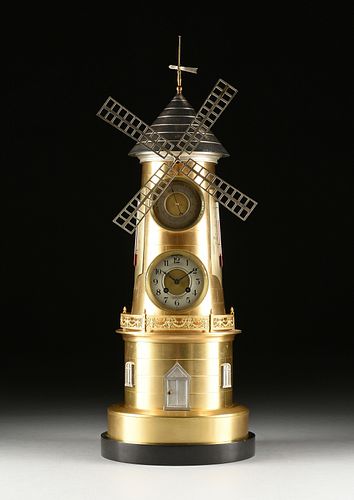 A GILT AND SILVERED BRONZE AUTOMATION WINDMILL CLOCK/BAROMETER, FRENCH, 20TH CENTURY,