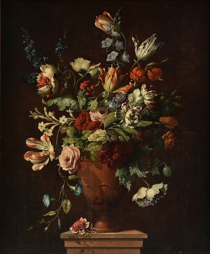 A DUTCH SCHOOL PAINTING, "Still life with Peppermint Tulips, Morning Glories, Roses and Red Lilies," 19TH CENTURY,
