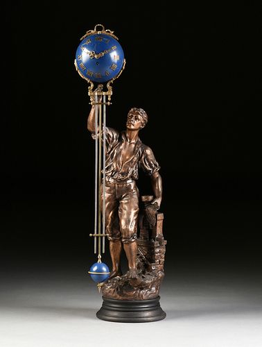 AN ANTIQUE FRENCH PATINATED SPELTER FIGURAL SWING CLOCK, LATE 19TH/EARLY 20TH CENTURY,