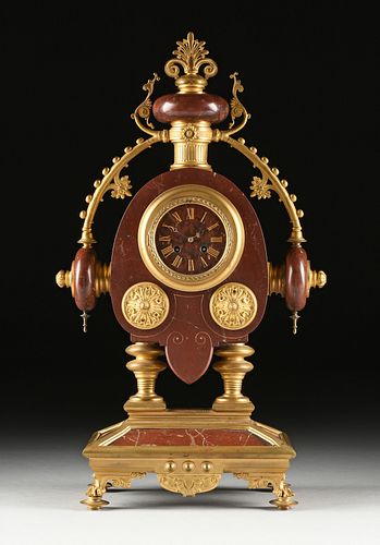 AN UNUSUAL FRENCH NEO-GREC REVIVAL GILT BRONZE MOUNTED MARBLE MANTLE CLOCK, CIRCA 1870,