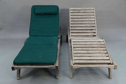 Barlow Tyrie pair of adjustable teak outdoor lounges with wheels and custom cushions, 77" l.