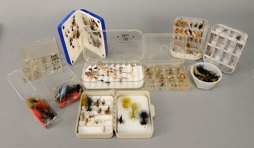 Tray lot of flies, trout and salmon, 9 containers. Estate of Michael Coe, PhD, New Haven, CT.