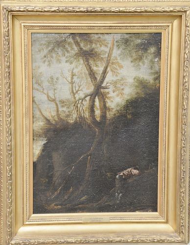 School of Salvator Rosa (1615 - 1673), oil on canvas, landscape with figure, unsigned, after Salvator Rosa, Christie's label on verso, 21 1/2" x 14 1/