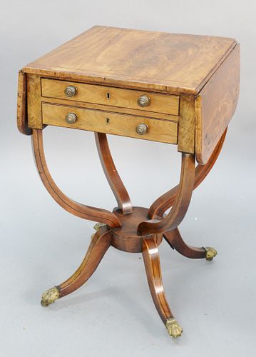 Regency sewing stand, mahogany with line inlays and 2 drawers on brass paw feet, ht. 29", top 17" x 18".