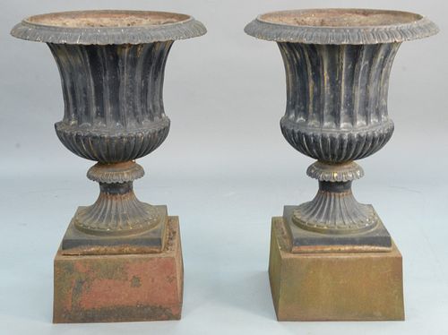 Pair of large iron urns on pedestals, ht. 43 1/2", dia. 27".