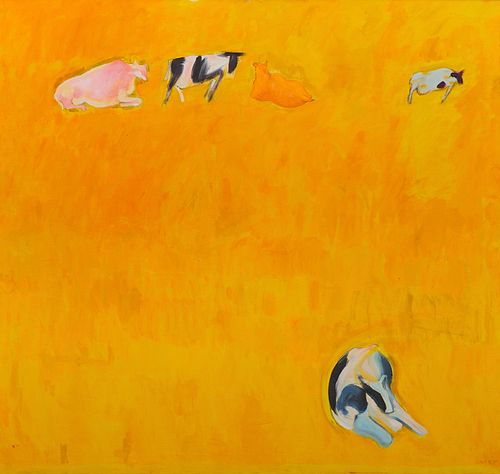 BERNARD CHAET, (American, 1924-2012), Cows on Yellow Ground, oil on canvas, 57 x 60 in., frame: 57 1/2 x 60 1/2 in.