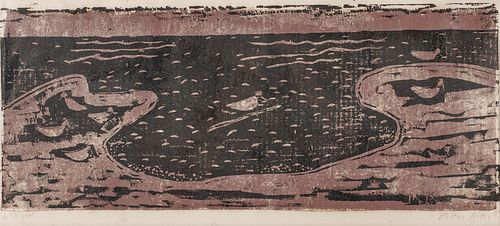 MILTON AVERY, (American, 1885-1965), Birds and Sea, 1955, woodcut, image: 10 x 24 in., sheet: 12 x 28 1/2 in., frame: 18 1/2 x 32 1/2 in.