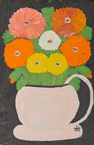 CLEMENTINE REUBEN HUNTER, (American, 1887-1987), Zinnias Looking at You, oil on board, 23 1/2 x 15 1/2 in.