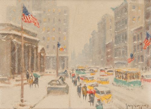 GUY CARLETON WIGGINS, (American, 1883-1962), Winter at the Library, oil on canvas board, 12 x 16 in., frame: 18 x 22 in.