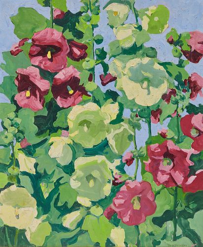 JANE PETERSON, (American, 1876-1965), Hollyhocks, Gloucester, 1952, oil on canvas, 30 x 25 in., frame: 30 x 35 in.