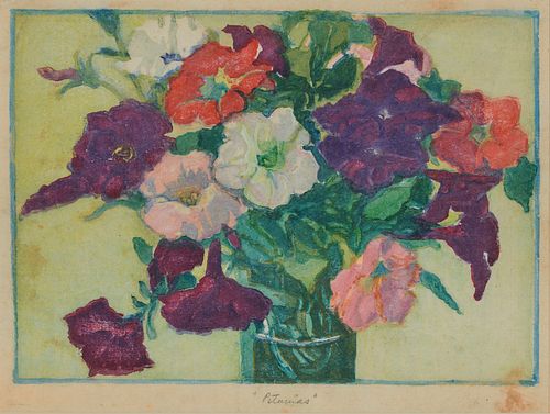 MARGARET JORDAN PATTERSON, (American, 1867-1950), Petunias, woodblock print, image: 7 1/4 x 10 in., frame: 15 1/4 x 19 1/4 in.