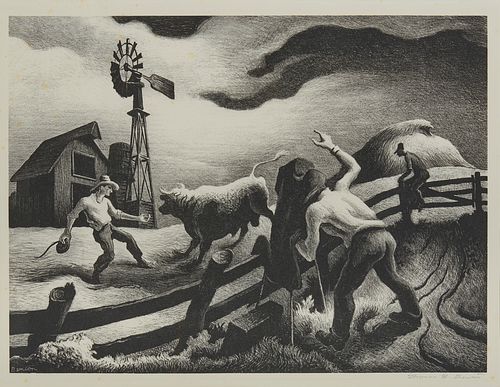 THOMAS HART BENTON, (American, 1889-1975), Photographing The Bull, lithograph, plate: 11 3/4 x 15 3/4 in., frame: 18 1/4 x 21 3/4 in.