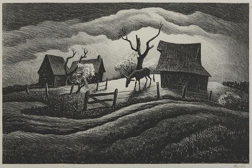 THOMAS HART BENTON, (American, 1889-1975), Rainy Day, lithograph, plate: 8 3/4 x 13 1/4 in.,f rame: 15 1/2 x 19 1/2 in.