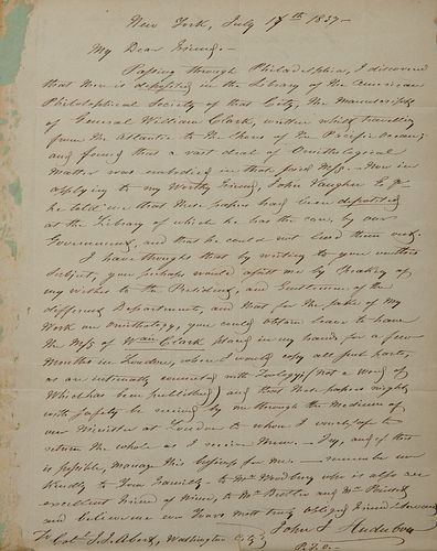 One page autograph letter signed John J[ames] Audubon, on wove paper, to Colonel John James Abert, from New York, July 17, 1837
