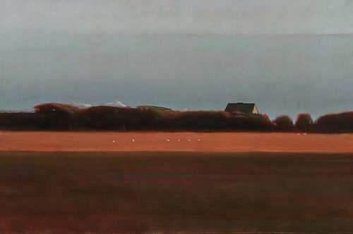 ALLEN WHITING, (American, b. 1946), Sheep on Whiting Farm, Martha's Vineyard, 1986, oil on canvas, 48 x 72 in., frame: 50 x 74 in.
