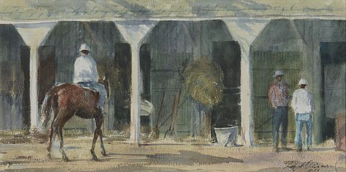 RAY GEORGE ELLIS, (American, 1921-2013), Saratoga Stables, 1984, watercolor, sight: 11 x 22 in., frame: 23 x 34 in.