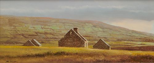 A. HALE JOHNSON, (American, b. 1937), Stone Barns in an Irish Landscape, oil on board, 8 x 18 in., frame: 12 1/2 x 22 1/2 in.