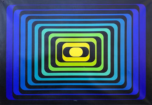 JEAN-PIERRE YVARAL, (French, 1934-2002), Progression Polychrome B, 1971, acrylic on canvas, 43 1/2 x 63 in., frame: 44 x 63 1/2 in.