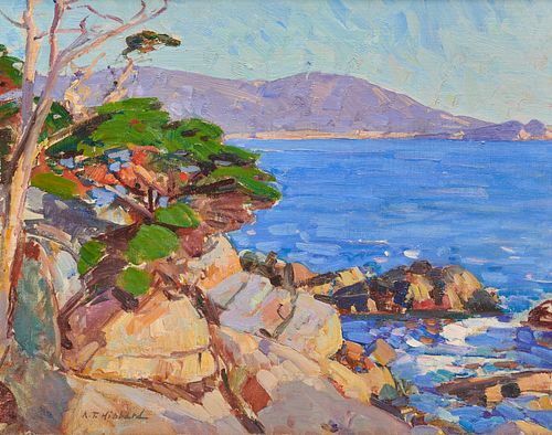 ALDRO THOMPSON HIBBARD, (American, 1886-1972), Carmel Coast, oil on canvas on board, 14 x 18 in., frame: 21 1/2 x 25 1/4 in.