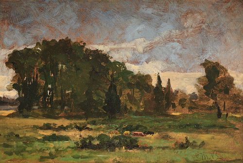 EDWARD MITCHELL BANNISTER, (Canadian/American, 1828-1901), Landscape, oil on artists board, 9 x 13 in., frame: 15 1/4 x 19 1/4 in.