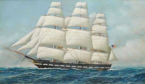 ANTONIO JACOBSEN, (American, 1850-1921), Helena, the Pioneer Clipper, 1919, oil on board, 18 x 30 in., frame: 25 1/2 x 37 1/2 in.