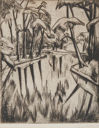 ERICH HECKEL, (German, 1883-1970), Parksee, 1914, drypoint, plate: 9 1/2 x 7 3/4 in., frame: 18 3/4 x 15 3/4 in.