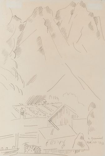 MARSDEN HARTLEY, (American, 1877-1943), Mountain Landscape, Garmisch-Partenkirchen, 1933, pencil on paper, 10 x 7 in., frame: 12 1/4 x 9 1/4 in.
