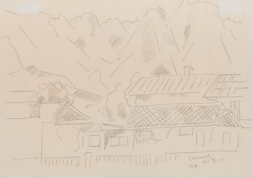 MARSDEN HARTLEY, (American, 1877-1943), Mountain Landscape, Garmisch-Partenkirchen, 1933, pencil on paper, 7 x 10 in., frame: 9 1/4 x 12 1/4 in.
