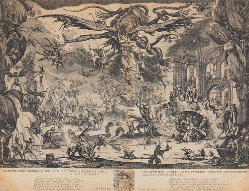 JACQUES CALLOT, (French, 1592-1635), Temptation of Saint Anthony, etching, sheet: 13 7/8 x 18 1/8 in., frame: 21 1/2 x 25 1/2 in.