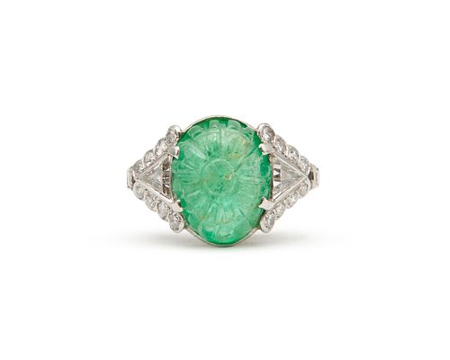 Platinum, Carved Emerald, and Diamond Ring