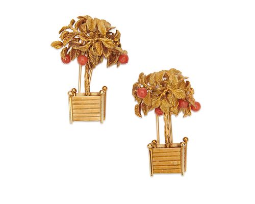 Pair of DIOR 18K Gold and Coral Brooches