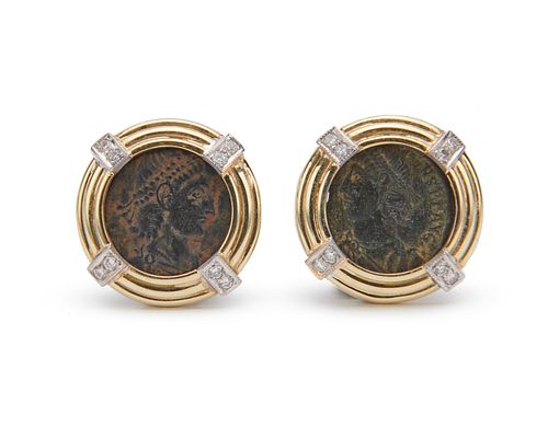 18K Gold, Coin, and Diamond Earrings