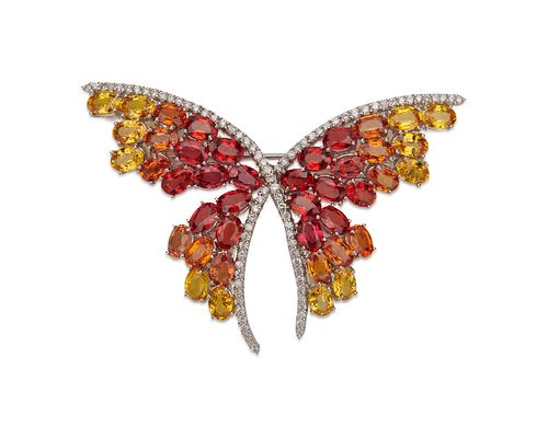 18K Gold, Diamond, Sapphire, and Ruby Brooch