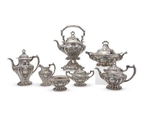 GORHAM Silver Seven Piece Coffee and Tea Service, Chantilly Grande pattern