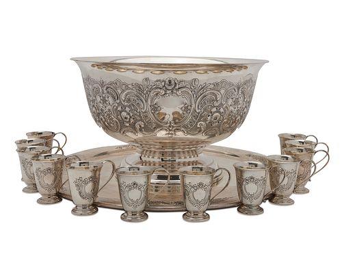 REED & BARTON Silver Punch Bowl, Tray, and Twelve Cups