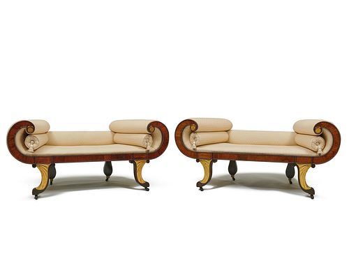 Pair of Classical Carved and Gilt Wood Conversation Benches, Roxbury, Massachusetts, ca. 1830