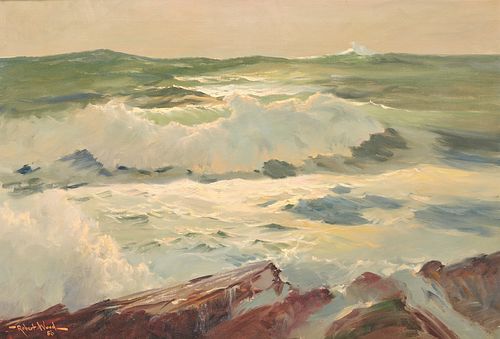 ROBERT WILLIAM WOOD, (American, 1889-1979), Rocks and Surf, 1956, oil on canvas, 22 x 32 in., frame: 31 x 41 in.