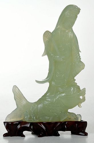 Carved Hardstone Guanyin Riding a Carp