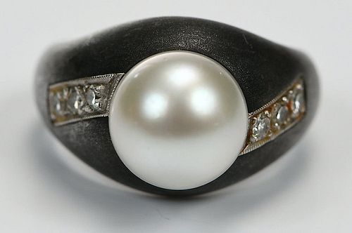 Palladium, Steel, Pearl and Diamond Ring