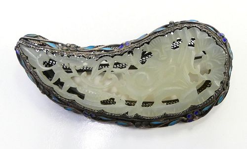 CHINESE WHITE JADEITE BROOCH IN SILVER W/TURQUOISE
