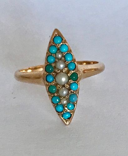Victorian 14k Rose Gold Turquoise, Seed Pearl Ring