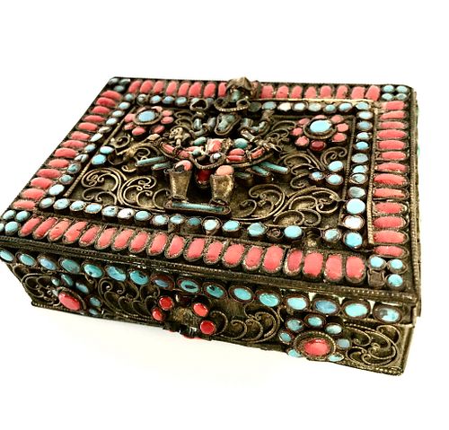 Tribal Vintage Tibetan Inlaid Filigree Box with Turquoise & Coral colored Stones Boho Hippie
