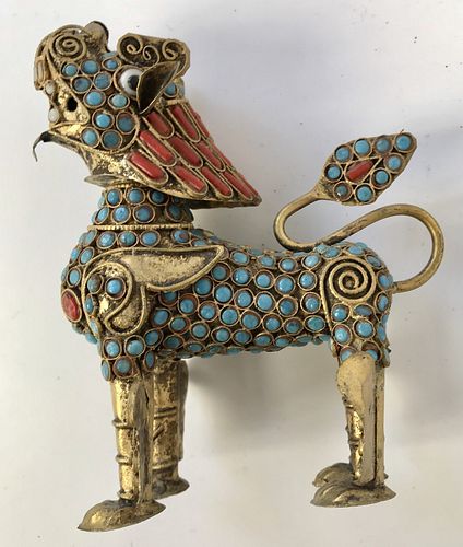 Antique Tibetan Brass Foo Dog W Coral & Turquoise