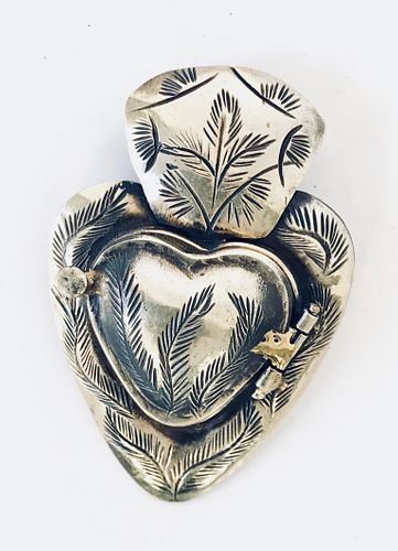 Mid-Century Silver Sacred Heart Locket Pendant