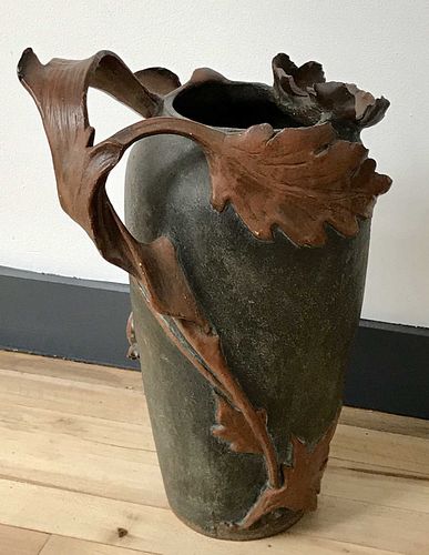 Art Nouveau Ceramic Foliate Tall Rustic Vase
