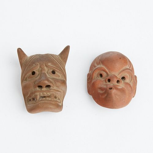 Grp: 2 Japanese Ceramic Netsuke as Noh Masks