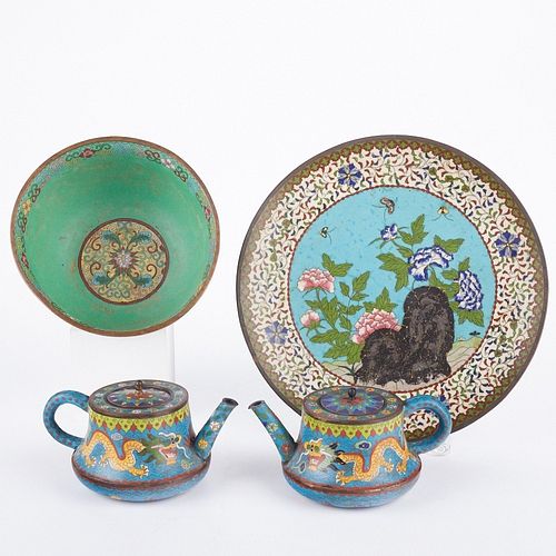 Grp: 4 Chinese Cloisonne Objects Teapots Dish and Bowl