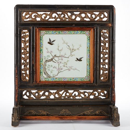 Early 20th c. Chinese Table Screen w/ Porcelain Plaque