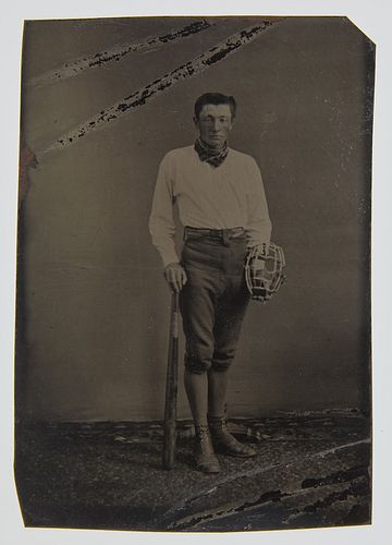 Tintype of Baseball Player with Catcher's Mask